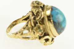 14K Yellow Gold Oval Turquoise Ornate Floral Filigree Vintage Ring