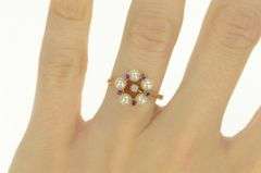 14K Yellow Gold Ruby Diamond Pearl Flower Cluster Statement Ring