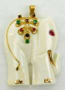 14K Carved Bone Elephant Pendant, Emeralds, Rubies, Sapphires