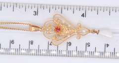 Fabulous Yellow Gold Edwardian Peal and Ruby Pendant Necklace