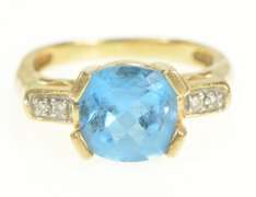 14K Yellow Gold Cushion Blue Topaz Diamond Accent Cocktail Ring