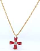 Handsome Yellow Gold Synthetic Ruby and Diamond Cross Pendant on Chain Necklace
