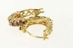 14K Yellow Gold Garnet Vintage Filigree Accent Statement Hoop Earrings