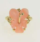14K Yellow Gold Carved Coral Flower Rose Hibiscus Cocktail Ring