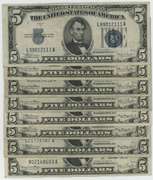 8 Much nicer Series of 1934 $5 Blue Seal Silver Certificates