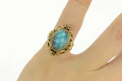 14K Yellow Gold Oval Turquoise Ornate Floral Filigree Vintage Ring