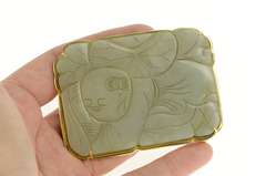 14K Yellow Gold Ornate Carved Chinese Jade Gardener Belt Buckle