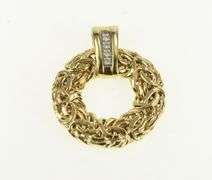 14K Yellow Gold Byzantine Link Round Circle Diamond Bar Pendant
