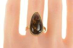 14K Yellow Gold Oval Fire Agate Cabochon Elaborate Statement Ring