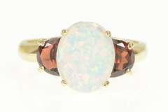 10K Yellow Gold Oval Syn. Opal Garnet Accent Statement Ring