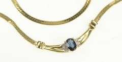14K Yellow Gold Oval Sapphire Diamond Accent Curve Bar Necklace
