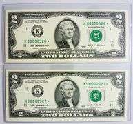 (2) Superb Crisp 2009 Dallas $2 Star Notes Scare Consecutive 3 Digit Serial Numbers!