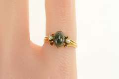 14K Yellow Gold Oval Moss Agate Cabochon Seed Pearl Ring