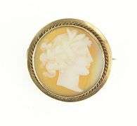 14K Yellow Gold Ornate Round Carved Shell Cameo Lady Pin/Brooch