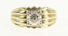 14K Yellow Gold Diamond Squared Men's Grooved Wedding Ring