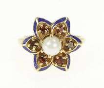 14K Yellow Gold Pearl Garnet Blue Enamel Flower Cocktail Ring