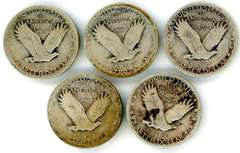 Five Different Silver Standing Liberty Quarters: 1925-1930
