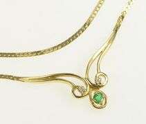 14K Yellow Gold Emerald Diamond Scroll Herringbone Chain Necklace