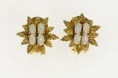14K Yellow Gold 1960's Ornate Opal Leaf Cluster French Clip Earrings