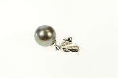 14K White Gold Black Pearl Baguette Diamond Wavy Statement Pendant