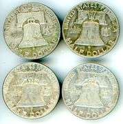 4 Different Silver Franklin Half Dollars 1957-D-1963-D