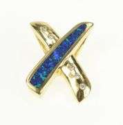 14K Yellow Gold Diamond Syn. Black Opal Inlay X Criss Cross Pendant