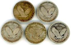 Five Different Silver Standing Liberty Quarters: 1926-1929