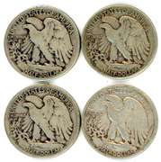 Four Different Walking Liberty Silver Half Dollars: 1940-1945