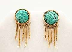 Vintage Etched Turquoise Sun Earrings in 18k Yellow Gold