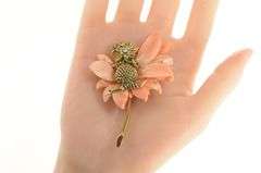 14K Yellow Gold Carved Coral Flower Baby Bird Diamond Pin/Brooch