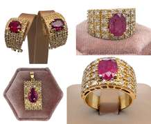 5.0+ CARAT 3 PIECE DIAMOND SET OF EARRINGS, RING AND PENDANT IN 18KT SOLID YELLOW GOLD WITH RUBIES AND DIAMONDS