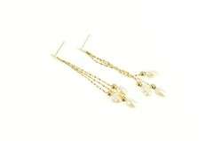 14K Yellow Gold Retro Pearl Fringe Dangle Tassel Statement Earrings