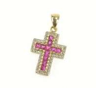 10K Yellow Gold Princess Syn. Ruby Diamond Accent Cross Pendant