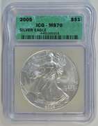 Perfect Better Date 2005 $1 Silver Eagle coin. ICG MS70