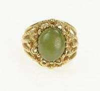 10K Yellow Gold 1960's Oval Nephrite Cabochon Ornate Vintage Ring