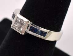Stunning Diamond And Blue Sapphire Ring In 14K White Gold