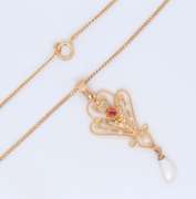 Fabulous Yellow Gold Edwardian Peal and Ruby Pendant Necklace