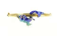 14K Yellow Gold 1930's Diamond Blue Enamel Fish Bangle Bracelet
