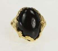 14K Yellow Gold Sim. Black Onyx Ornate Leaf Vine Vintage Ring