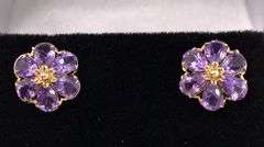 Beautiful Purple Amethyst Flower Stud Earrings In 14K Yellow Gold