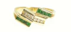 14K Yellow Gold Diamond Emerald Squared Slant Bypass Ring