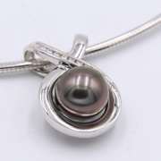 Attractive White Gold Tahitian Pearl and Diamond Pendant on Omega Necklace
