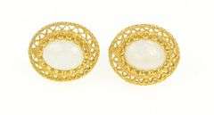 14K Yellow Gold Oval Natural Opal Ornate Filigree Halo Stud Earrings