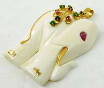 14K Carved Bone Elephant Pendant, Emeralds, Rubies, Sapphires
