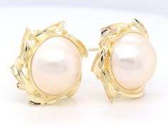 Elegant Yellow Gold Mabe Pearl Omega Back Earrings