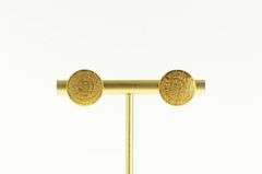 14K Yellow Gold Round Mayan Calendar Ornate Domed Stud Earrings