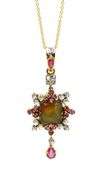 Luxurious 1.75ctw Opal, Ruby, and Diamond Pendant in 14K