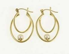 14K Yellow Gold Pearl Oval Vintage Beaded Statement Hoop Earrings