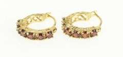 14K Yellow Gold Garnet Vintage Filigree Accent Statement Hoop Earrings