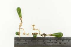 18K Yellow Gold Nephrite Tear Drop Dangle Retro Screw Back Earrings